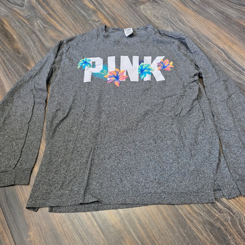 PINK Victoria's Secret Long Sleeve Graphic Tee Gray Floral Embroidered Large
